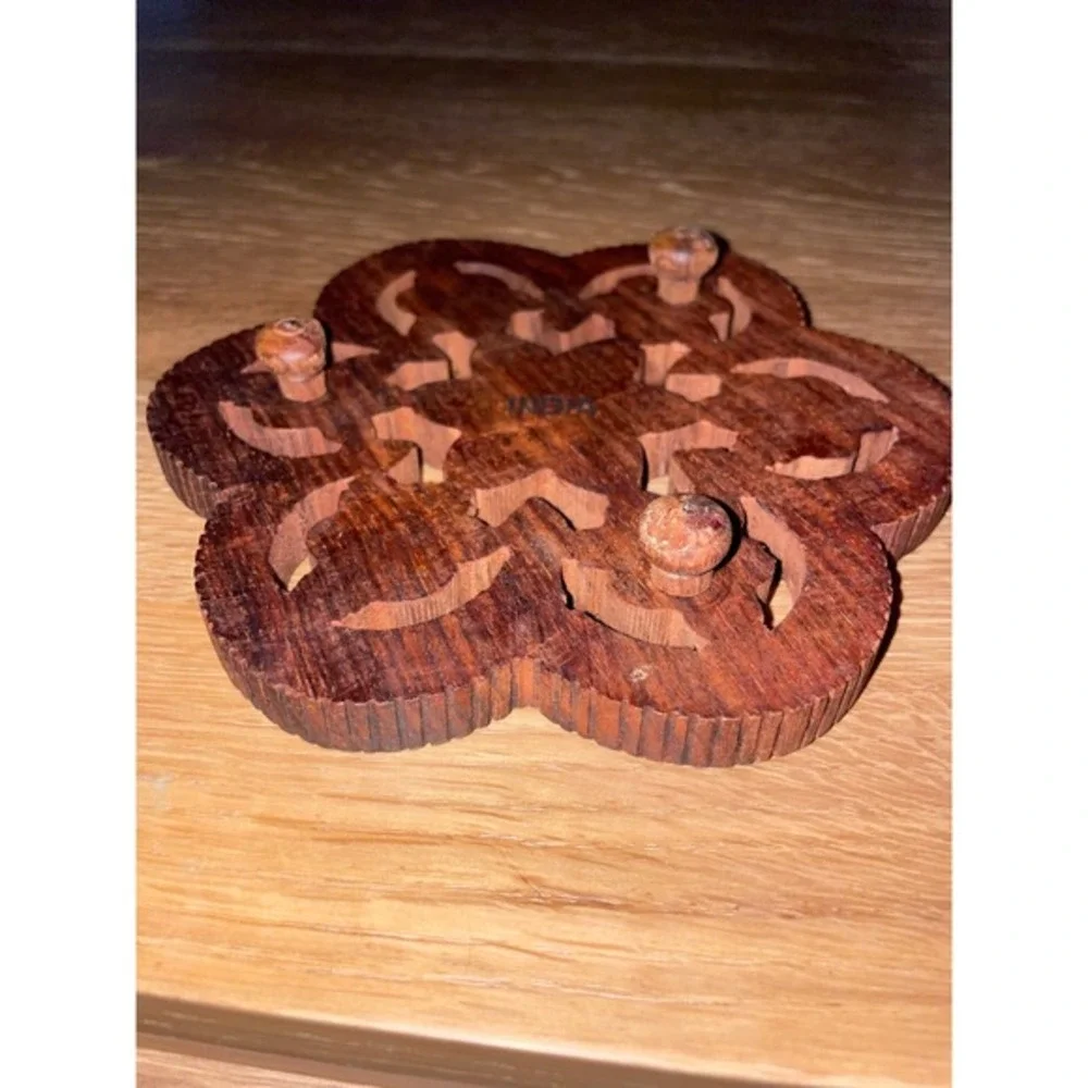 Vintage Hand Carved Wood Trivet Floral Inlay India‎ Boho Kitchen Decor